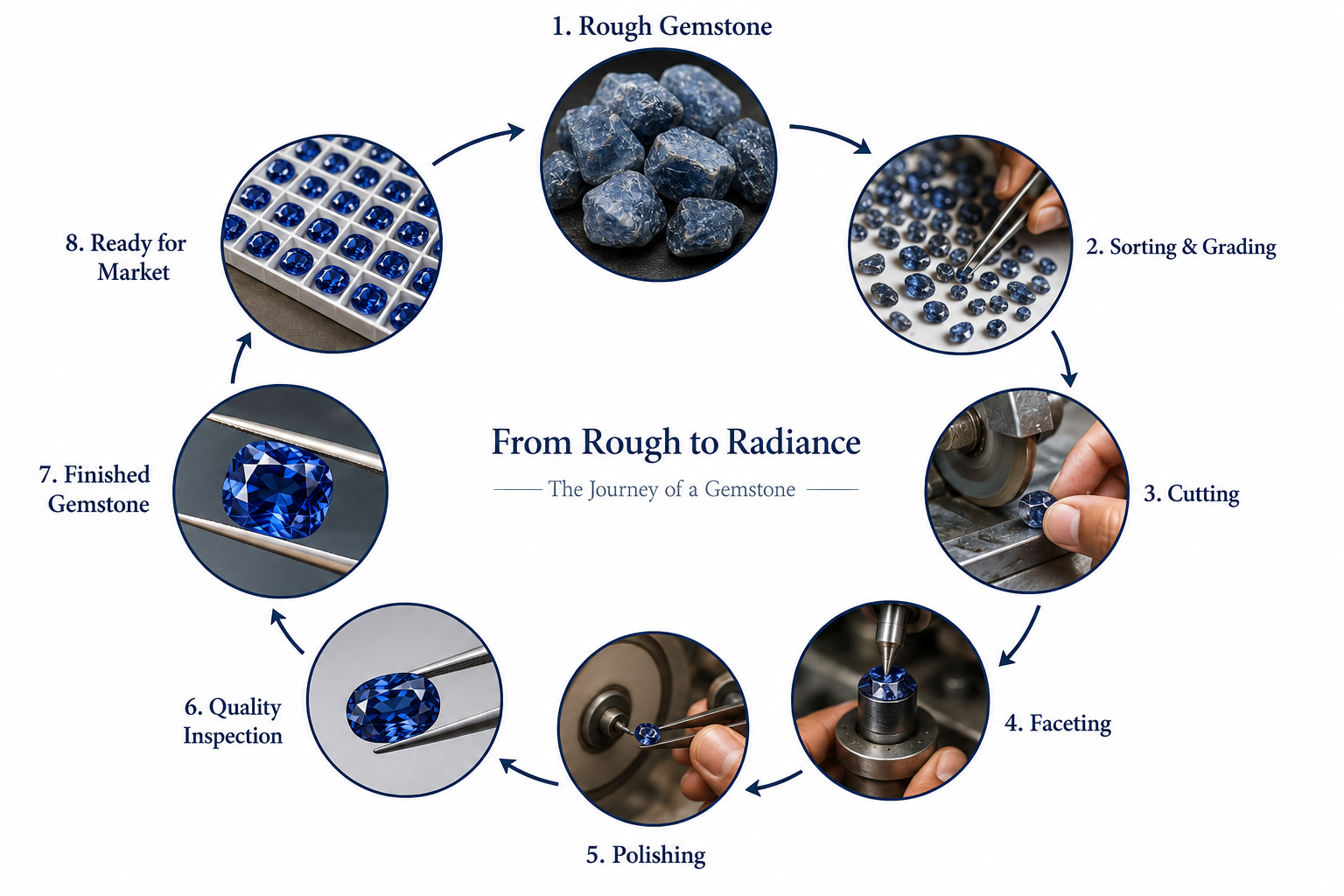 Diagram showing the eight stages of a gemstone's journey: rough gemstone, sorting and grading, cutting, faceting, polishing, quality inspection, finished gemstone, and ready for market