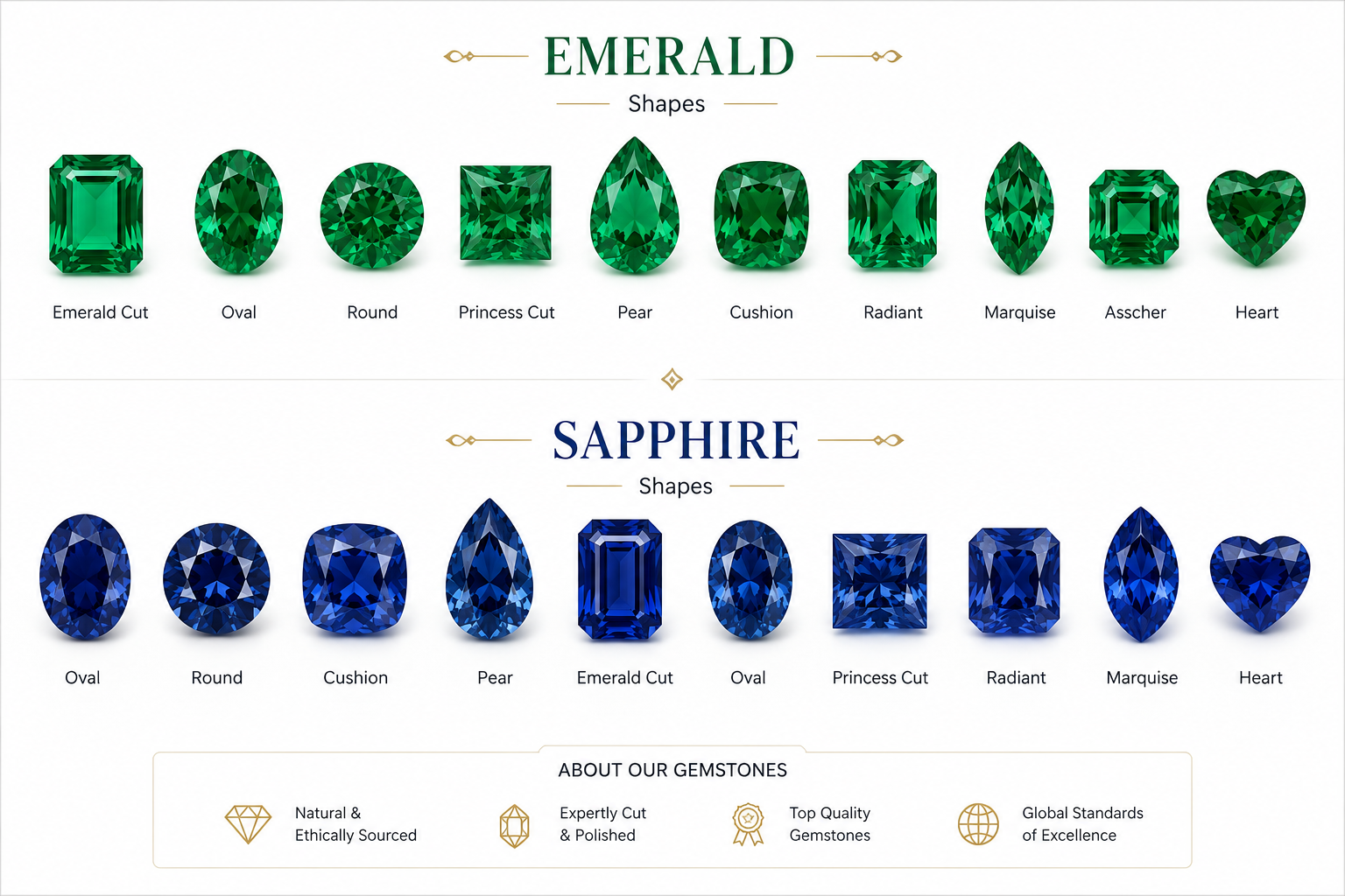 Tabella di riferimento dei tagli di smeraldo e zaffiro, tra cui taglio smeraldo, ovale, rotondo, principessa, pera, cuscino, radiant, marquise, asscher e cuore