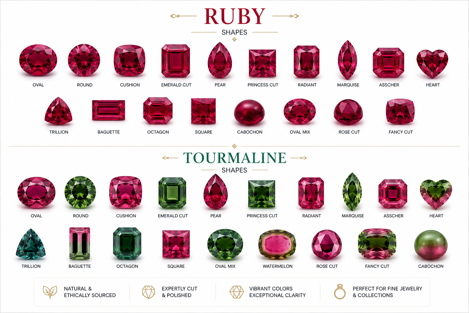 Tabella di riferimento dei tagli di rubino e tormalina, tra cui ovale, rotondo, cuscino, taglio smeraldo, pera, principessa, radiant, marquise, asscher, cuore, trilione, baguette, ottagono, quadrato, cabochon e altri