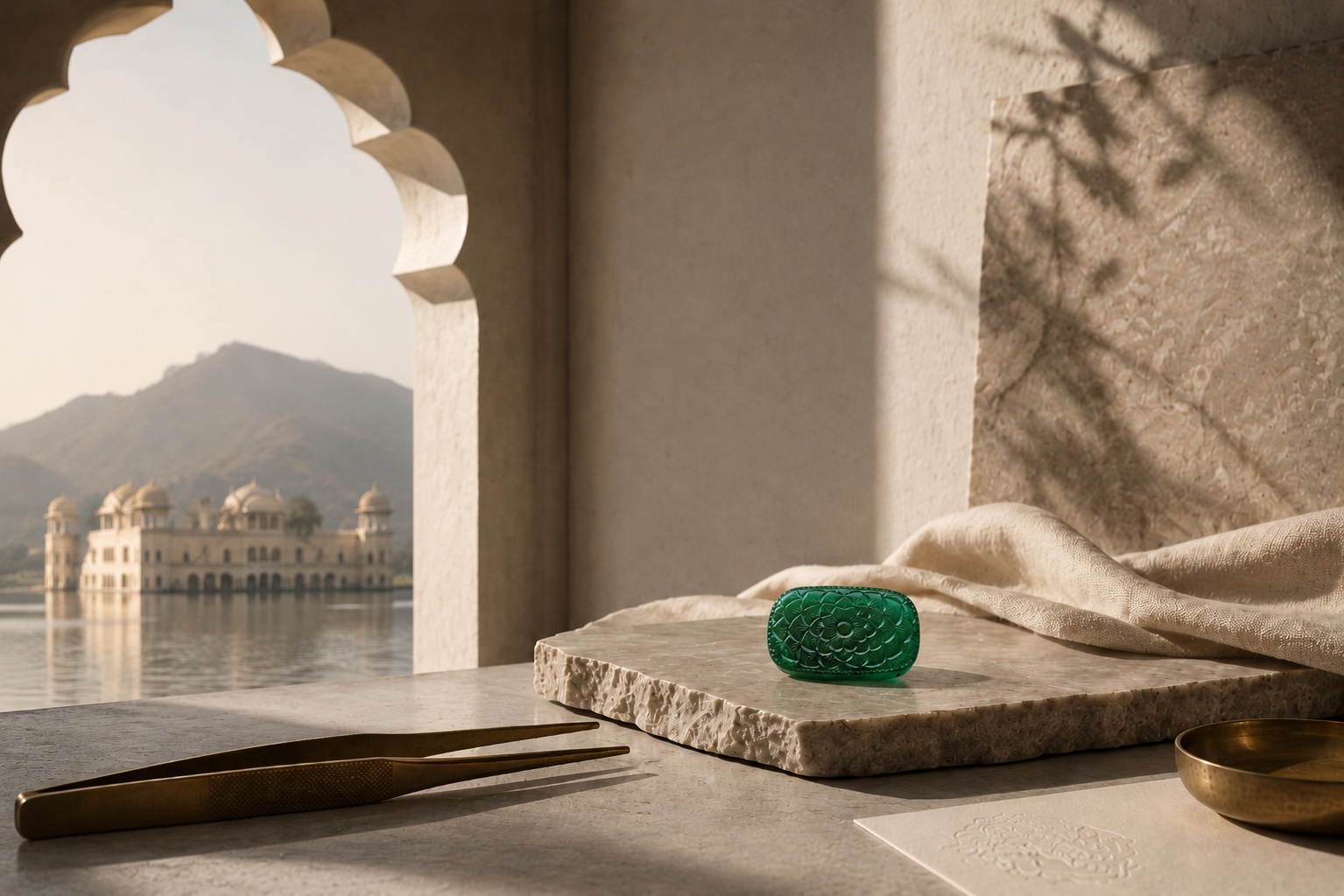 A sunlit marble courtyard in Jaipur, with the Jal Mahal water palace framed through a scalloped archway beyond
