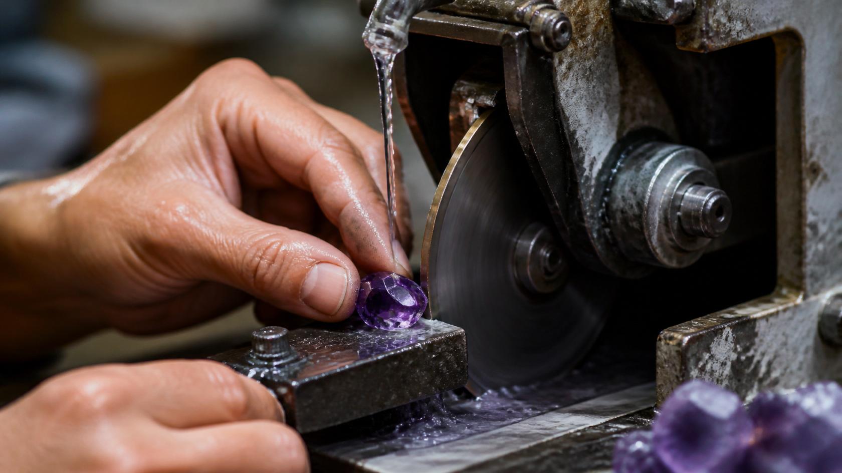 A worker's hands guiding a gemstone against a precision cutting wheel