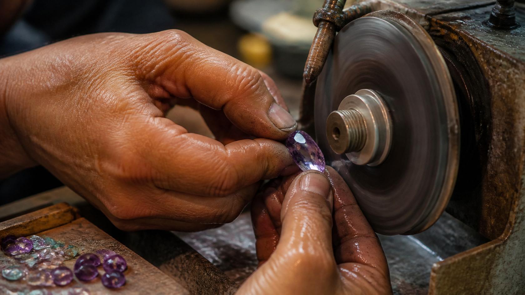 A worker's hands polishing a faceted gemstone against a polishing wheel